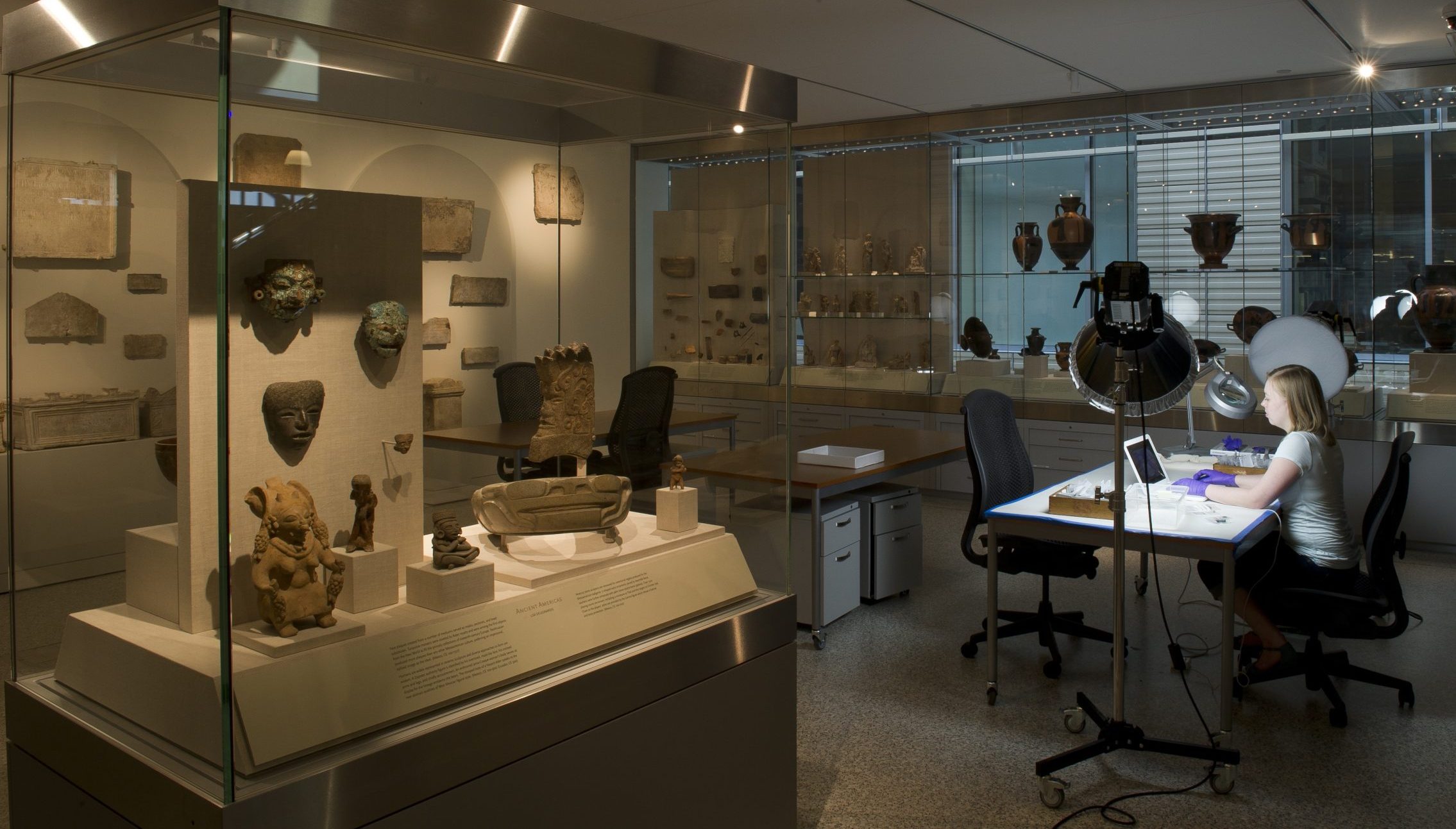 Photograph of a blonde woman sitting at a table in a museum with glass display cases. She is wearing purple nitrile gloves and typing on a laptop.