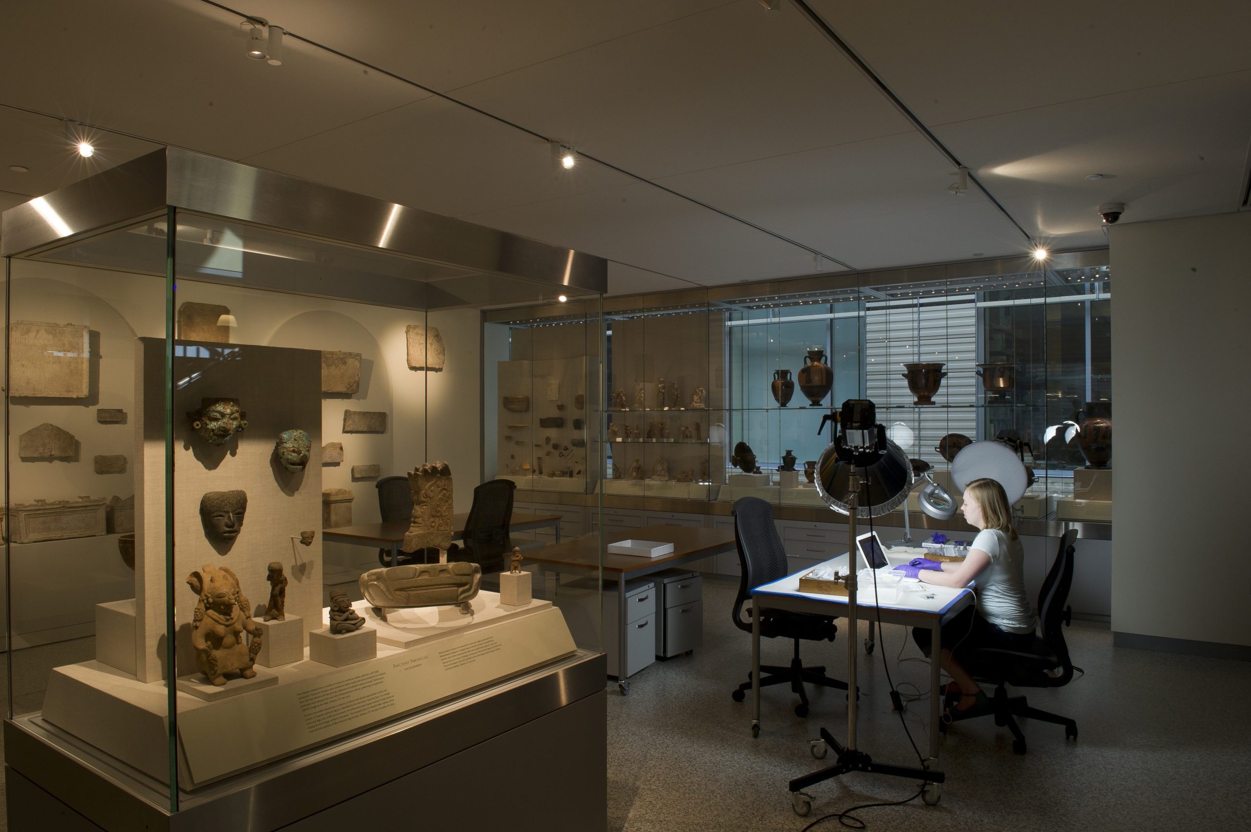 Photograph of a blonde woman sitting at a table in a museum with glass display cases. She is wearing purple nitrile gloves and typing on a laptop.