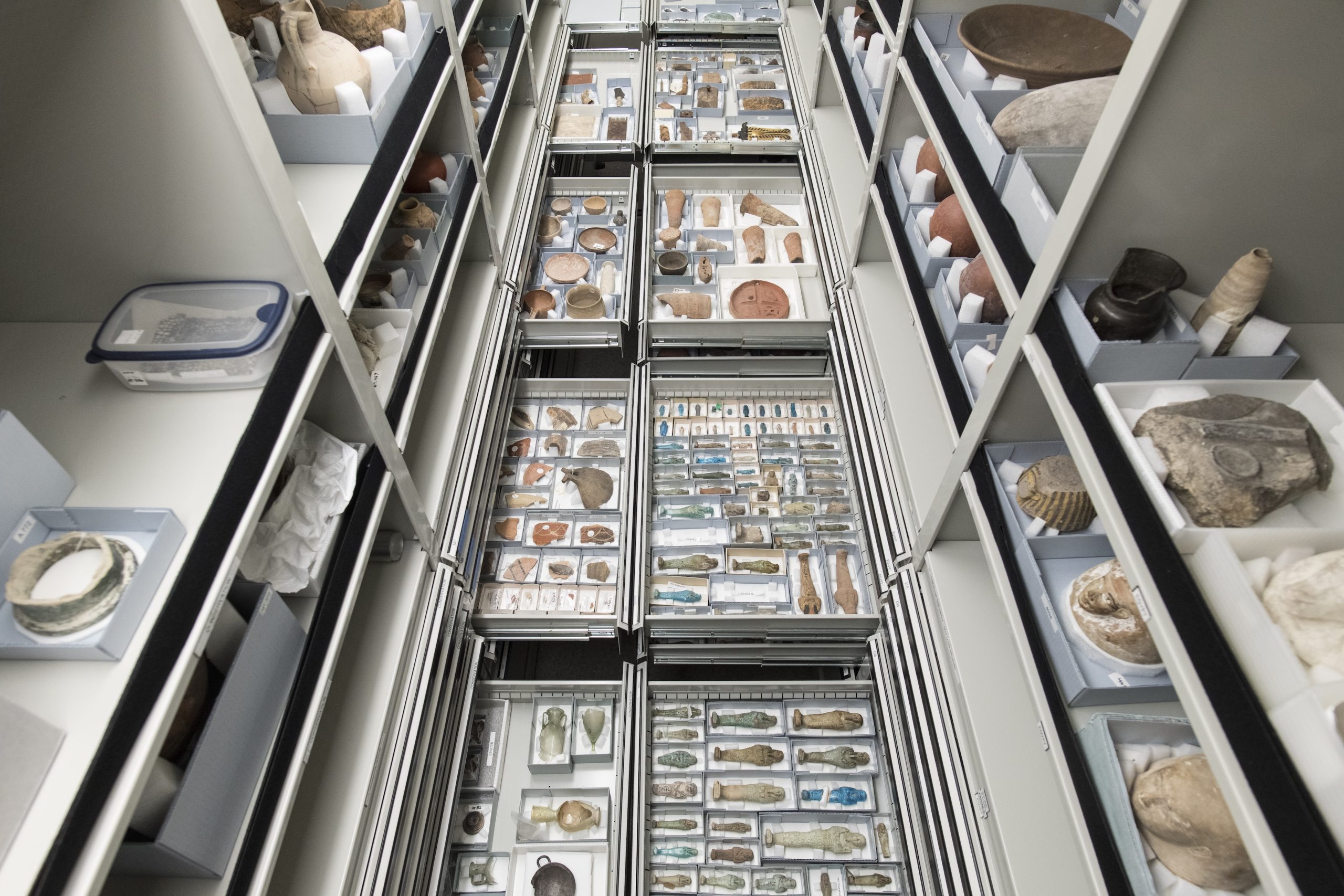 Photograph of a museum storage room with shelves and open drawers containing boxes with ancient artifacts.
