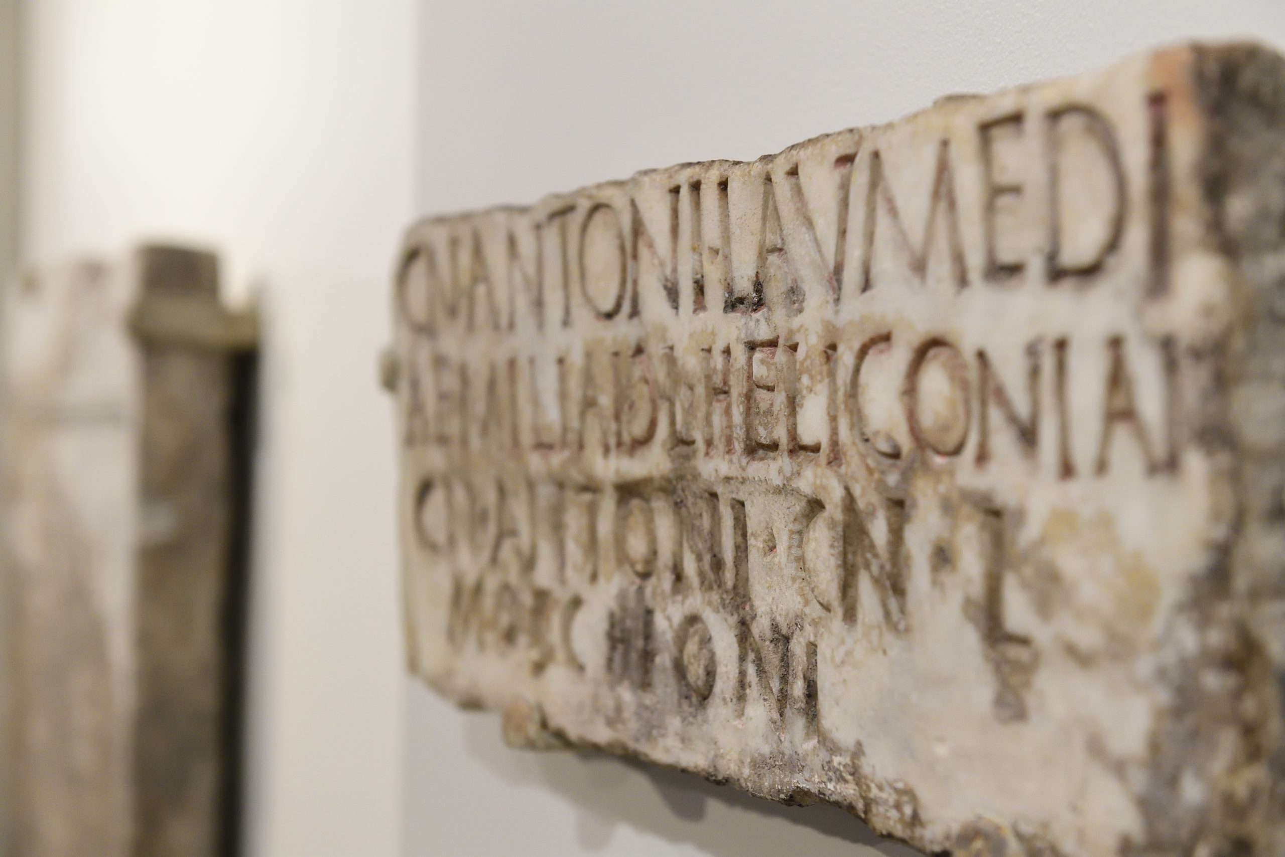Angled close-up of a marble Latin funerary inscription mounted on a museum wall.